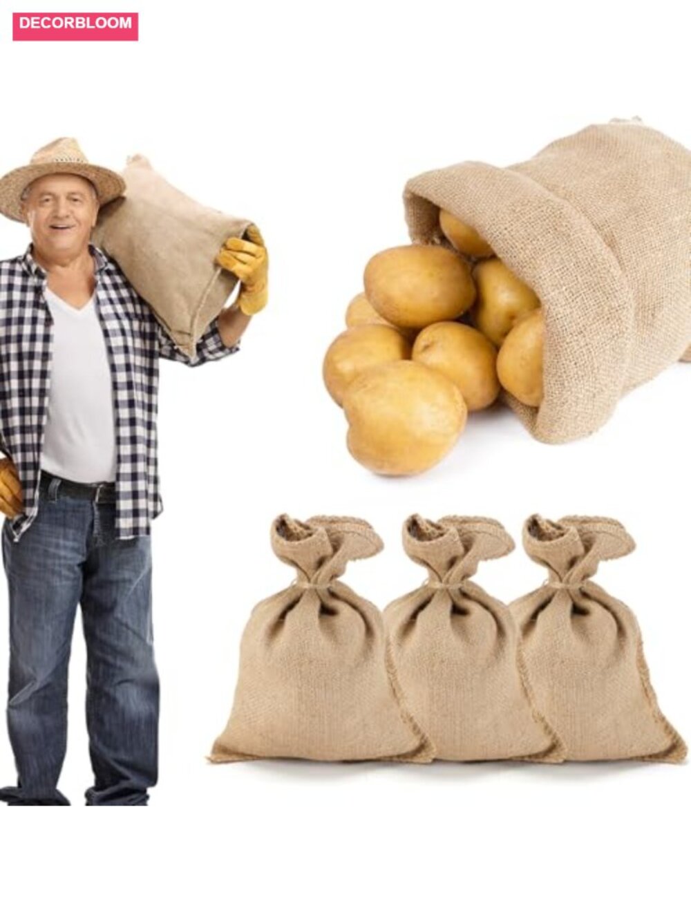 4 Pack 14x20 Natural Burlap Storage Bags with Rope Reusable Jute Potato Sacks